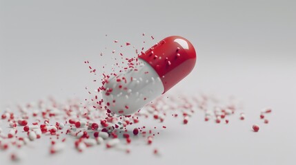 A 3D render of various colorful capsules and pills suspended in mid-air against a vibrant blue background with soft cloud shapes, representing healthcare, medicine, and pharmaceutical concepts.