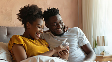 Parenthood, good news, baby expecting concept. Joyful dark skinned wife leans shoulder of her husband, look positively at pregnancy test, going to have child. Family couple on bed in modern apartment