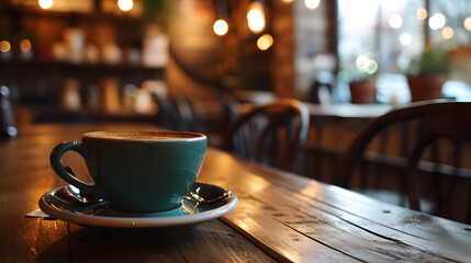Fototapeta premium Cozy Cafe Ambiance with a Cup of Coffee on Wooden Table