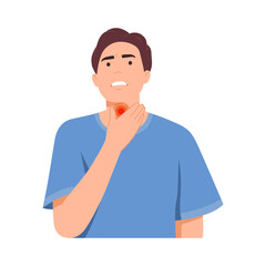 Man has a throat infection. Sore throats from allergies, inflammation, influenza, viruses. Sick people will have a cough and feel sick. Flat vector illustration