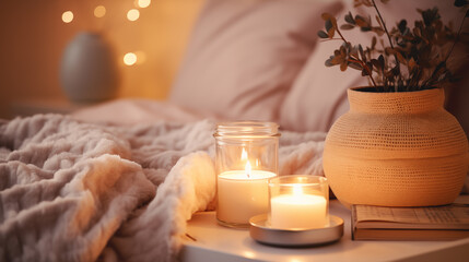 a couch with knitted blankets sitting next to a fireplace with candles - obrazy, fototapety, plakaty