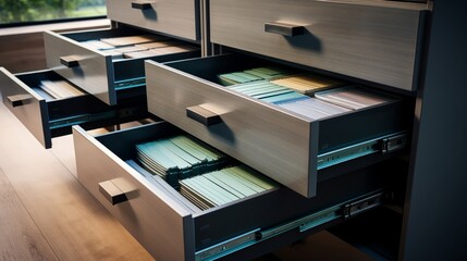 Modern office storage with a single file cabinet drawer ajar, revealing neatly arranged documents - obrazy, fototapety, plakaty