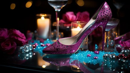 Festive celebration atmosphere with party footwear and sparkling decorations bathed in magenta and teal hues