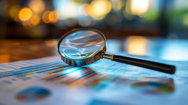 magnifying glass magnifying glass lies on the table for Analytical research in economics, study of financial data