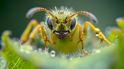 Detailed Macro Shot of a Wasp Covered in Dewdrops