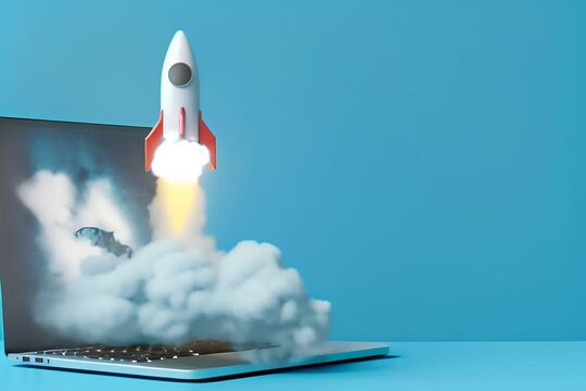 Rocket taking off from laptop screen on blue background, startup and business concept.