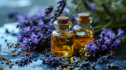 Lavender Essential Oils in Glass Bottles with Fresh Flowers