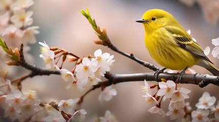 Obraz premium Detailed wildlife portrait of a yellow bird amidst spring blossoms, with a soft-focus background