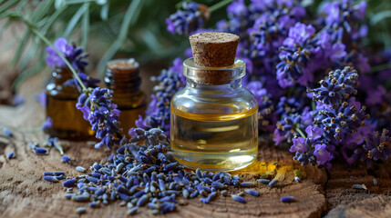 Obraz na płótnie Canvas Lavender Essential Oils in Glass Bottles with Fresh Flowers