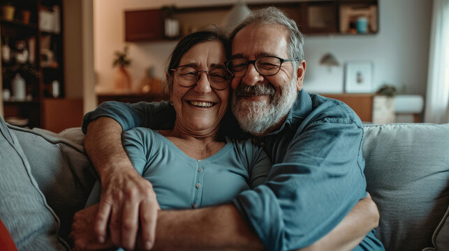 Portrait, Hug And Senior Couple On Sofa For Bonding, Healthy Marriage And Relationship In Living Room. Retirement, Love And Happy Man And Woman On Couch Embrace For Trust, Commitment And Care At Home