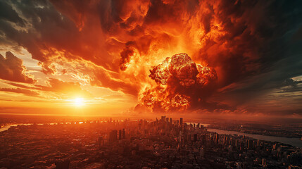 A strong explosion against the backdrop of a big city. third world war. Attack on a peaceful city	