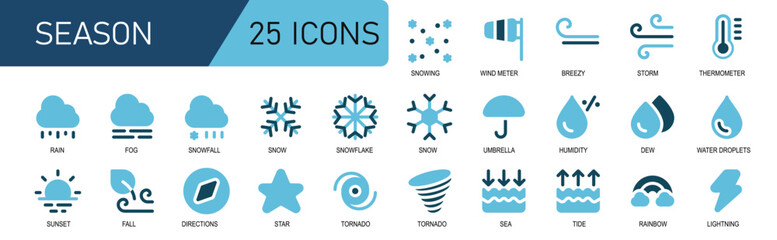 Fototapeta premium season icon set.duo tone style.contains snowfall,wind meter,wind,storm,temperature,fog,sea tide,rainbow,lightning.good for weather forecast.