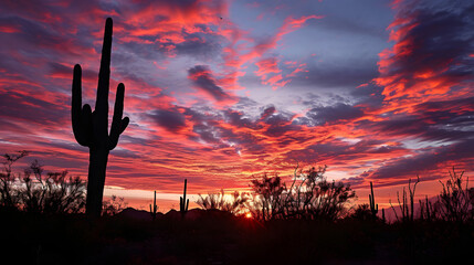 Dramatic Desert Sunset with Silhouetted Saguaro Cacti