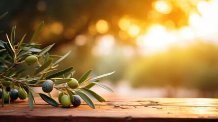 Branch of green olives with leaves on empty wooden table on blurred natural background of olive garden. Sunset sunlight. Mockup for your design, product advertising - obrazy, fototapety, plakaty