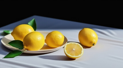 Yellow illuminating lemons on Ultimate gray tablecloth. Isometric view minimal still life