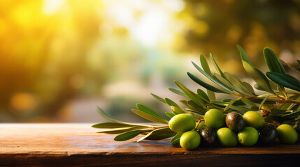 Branch of green olives with leaves on empty wooden table on blurred natural background of olive...
