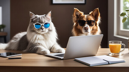 Dog and cat using laptop.