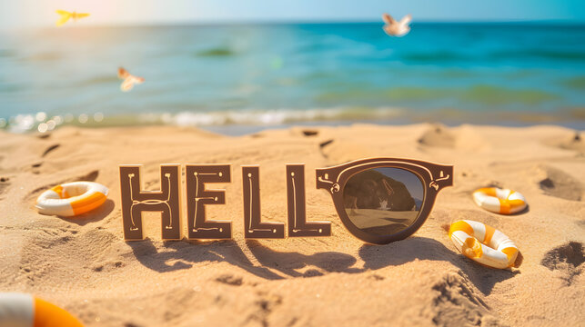 Summer Beach Concept with Sunglasses and 'HELLO' Sign on Sand