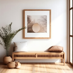 Wooden bench against white wall with poster frame. Ethnic farmhouse interior design of modern entrance hall.