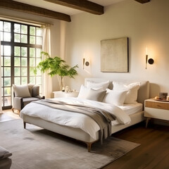 French country interior design of modern bedroom in farmhouse.