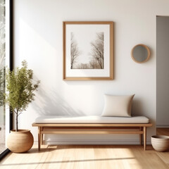 Wooden bench against white wall with poster frame. Ethnic farmhouse interior design of modern entrance hall.