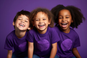 Portrait of three laughing Toddler children of different races on bright purple background....