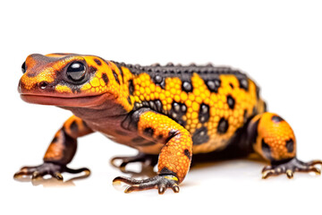 Feuersalamander (Salamandra salamandra), freigestellt vor weißem Hintergrund, Generative AI