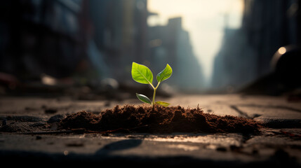 A green sprout against a blurred cityscape. A small plant growing against the background of buildings or factories. The concept of nature, the struggle for life in a polluted environment - obrazy, fototapety, plakaty