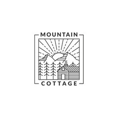 Naklejka na ściany i meble Mountain morning and cottage badge vector illustration with monoline or line art style