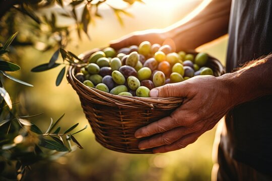 Male farmer's hands holding a wicker basket with green olives at sunset in the garden close-up. Harvesting olives, growing olive trees, ingredient for making oil