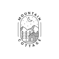 Mountain night and cottage badge vector illustration with monoline or line art style