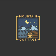 Mountain night and cottage badge vector illustration with monoline or line art style
