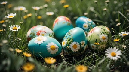 Fototapeta na wymiar Easter eggs with a print of daisies lie in the green grass