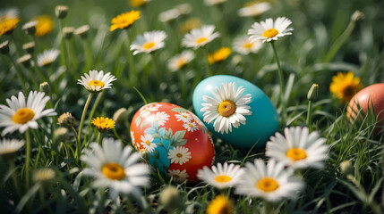 Obraz na płótnie Canvas Easter eggs with a print of daisies lie in the green grass