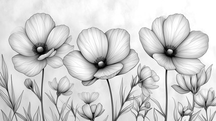 Black and white illustration of a tiny small flower that is blooming with a white background. Minimalist style.