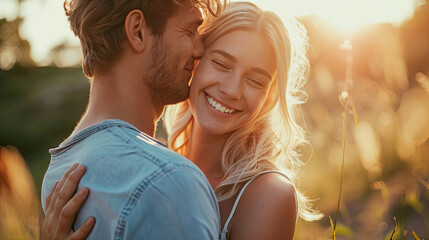 Satisfied man embracing wife outdoors. Portrait of cute blonde girl enjoying date.