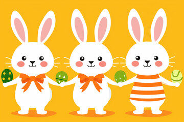 Obraz na płótnie Canvas Three white cute Easter bunnies stand and hold decorated eggs on a yellow background. Children's Easter card.