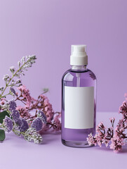 Obraz na płótnie Canvas Shampoo dispenser bottle with blank label and lilac flowers on a lilac background. Mock up. Copy space.