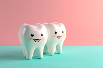 Two happy 3D tooth models on colored background. Cheerful cartoon teeth on pink and blue, dental...