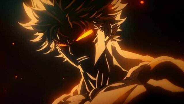 Strong male black haired anime character with glowing eyes in a fire Generative AI 