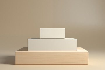 tiered podiums featuring a natural wooden base and white surfaces, against a neutral background