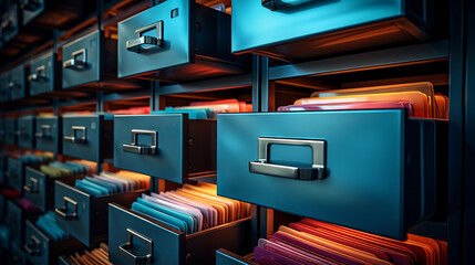 Close-up of an open metal filing drawer with folders organized inside, office efficiency theme - obrazy, fototapety, plakaty