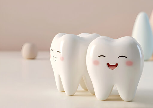 Two cute 3D tooth models on neutral background, friendly teeth with joyful faces, positive vibe for dental health awareness, happy dental care. Teeth characters, children oral hygiene education