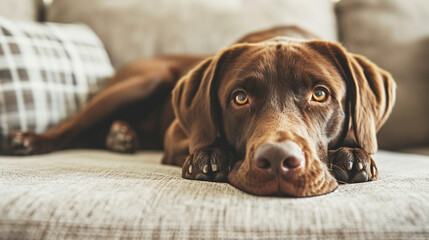 Beautiful chocolate Labrador lies on the light sofa.