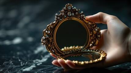 Hand holding an ornate golden hand mirror with gems
