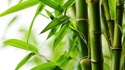 Close-up of green bamboo leaves with stems