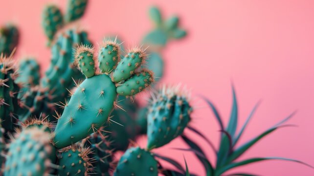 Blue-green cacti with various shapes on a pastel pink background