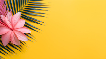 Tropical palm tree leaf and flower on yellow background with copy space. Generative AI