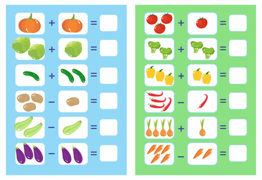 Worksheet for kindergarten and preschool education. Addition and subtraction. Vegetables. Examples in mathematics. Vector illustration.