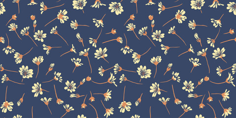Artistic tiny flowers seamless pattern. Vector hand drawn sketch. Dark blue floral print. Template for design, fabric, fashion, textile, paper, wallpaper © incarnadine